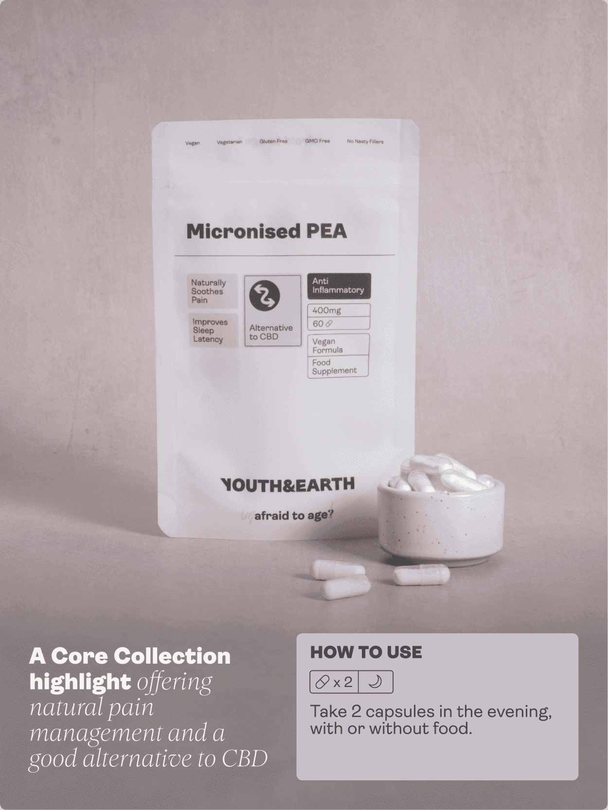 PEA (Palmitoiletanolamida) Micronizada - 400mg, 60 Cápsulas - Youth & Earth EU Store