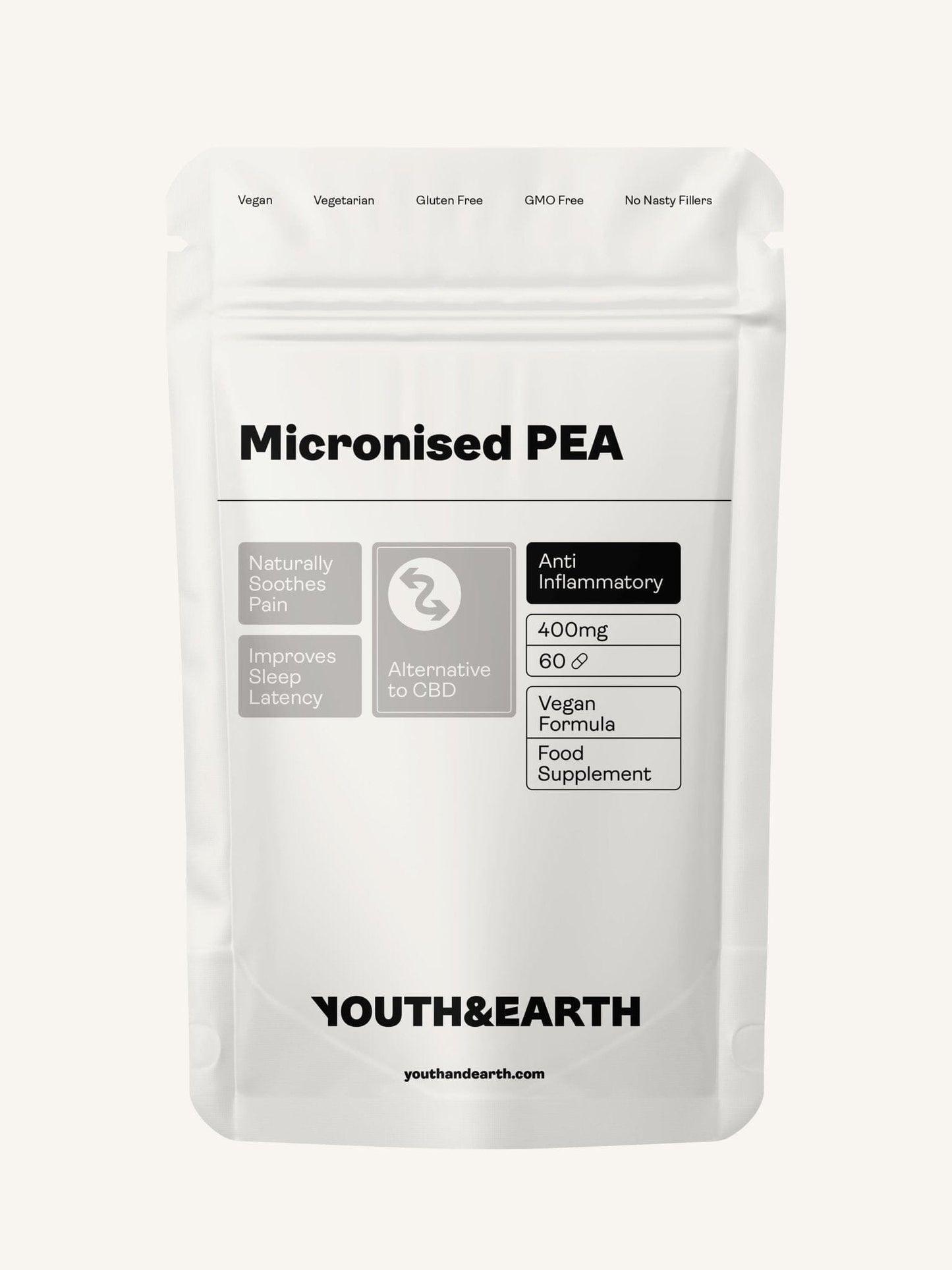 PEA (Palmitoiletanolamida) Micronizada - 400mg, 60 Cápsulas - Youth & Earth EU Store