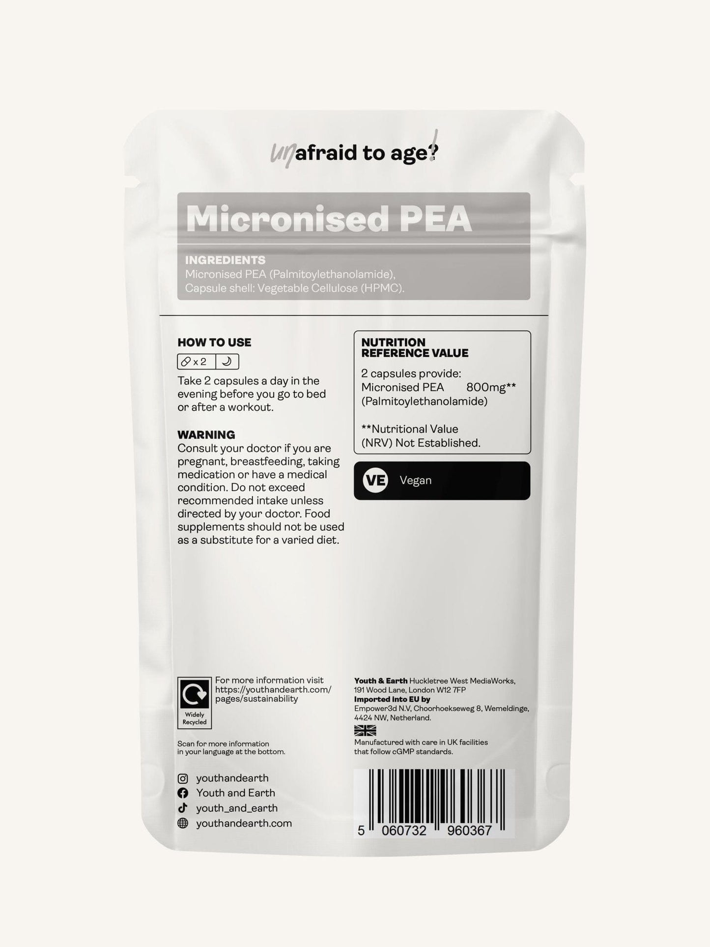 PEA (Palmitoiletanolamida) Micronizada - 400mg, 60 Cápsulas - Youth & Earth EU Store