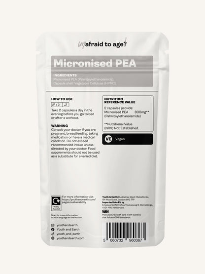 PEA (Palmitoiletanolamida) Micronizada - 400mg, 60 Cápsulas - Youth & Earth EU Store
