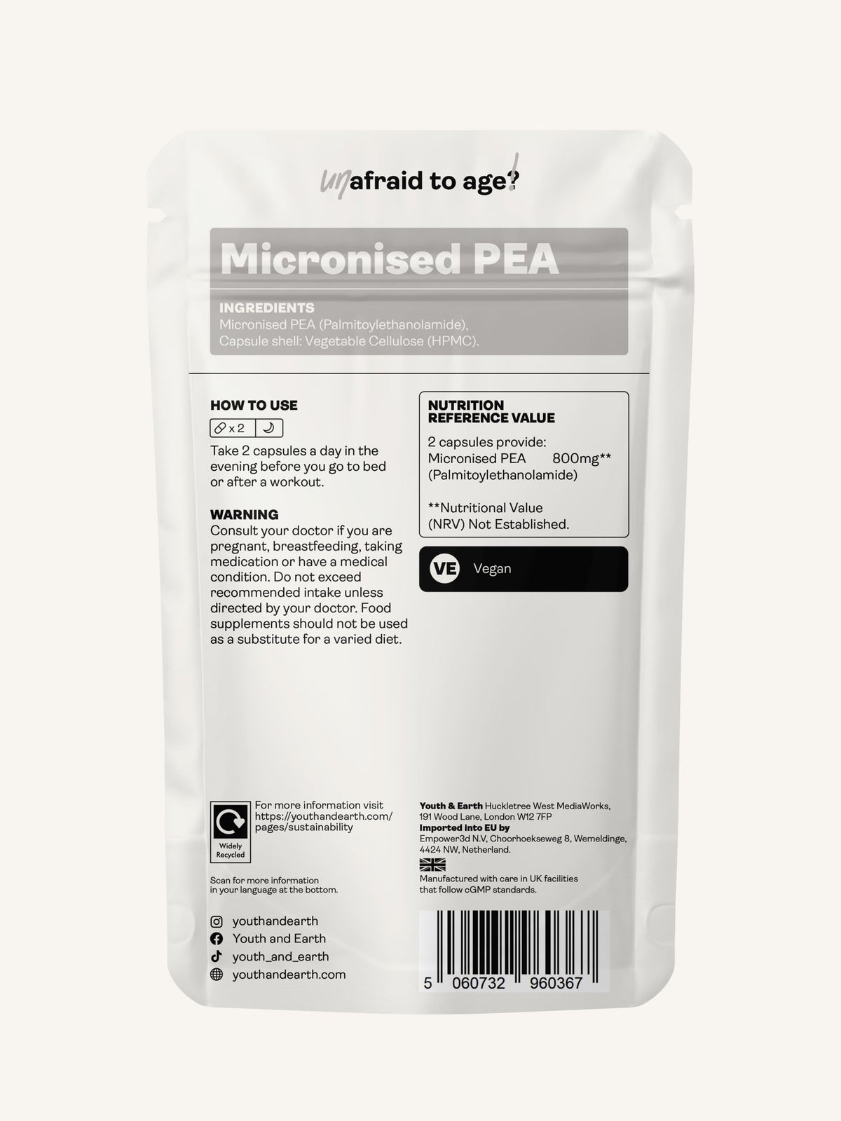 PEA (Palmitoylethanolamide) Micronised – 400mg x 60 Capsules - Youth &amp; Earth EU Store