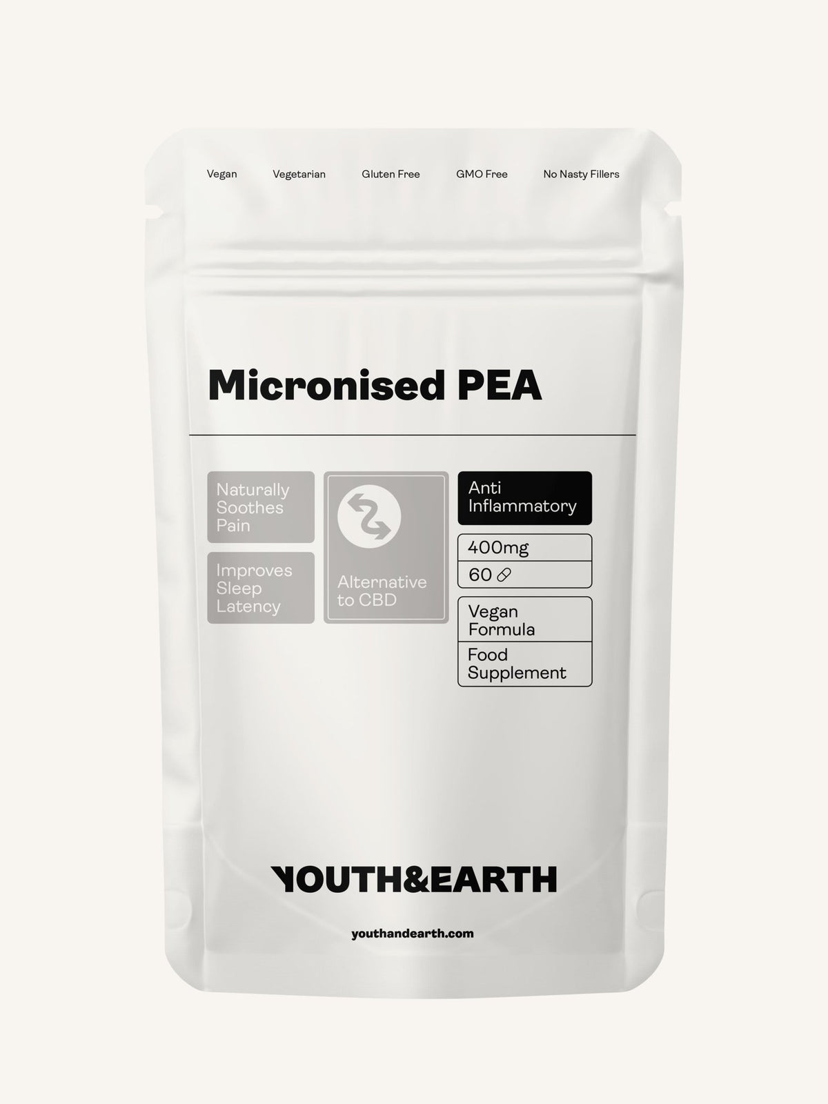 PEA (Palmitoylethanolamide) Micronised – 400mg x 60 Capsules - Youth &amp; Earth EU Store