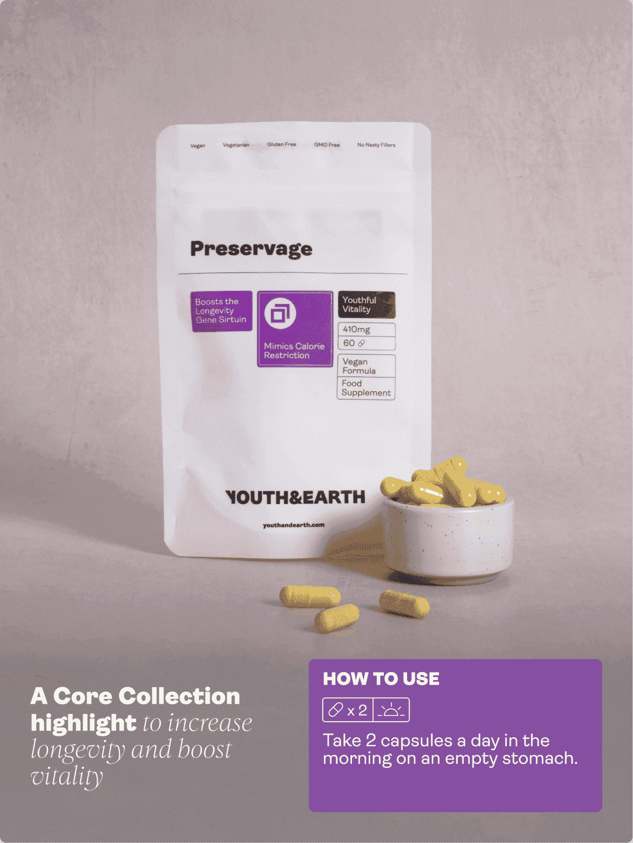 Preservage (Trans-Resveratrol, Curcumin, Quercetin, BioPerine) – 410mg, 60 Capsules - Youth & Earth EU Store