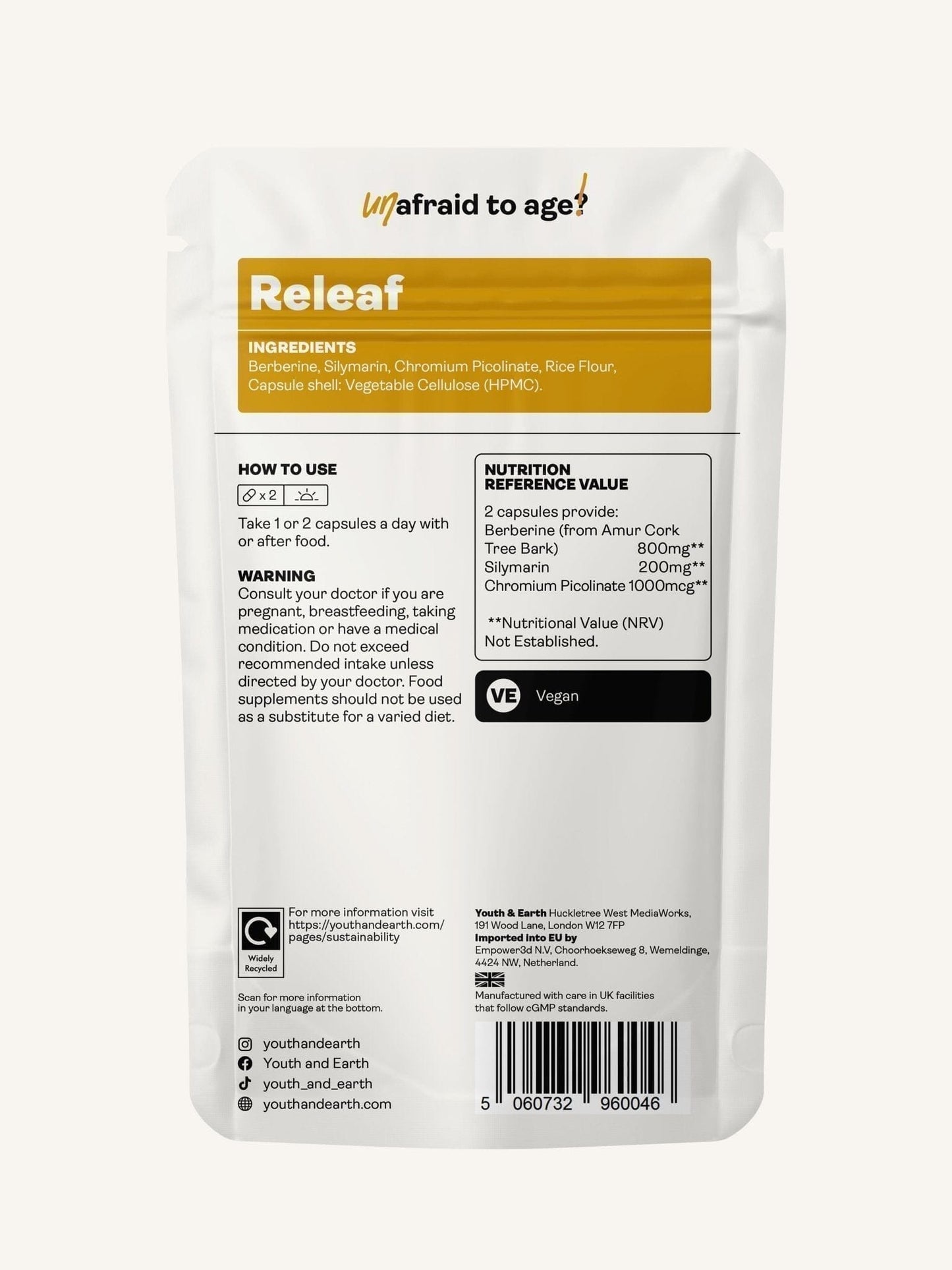 Releaf (Berberine, Silymarin, Chromium Picolinate) 500.5mg, 60 Capsules - Youth & Earth EU Store
