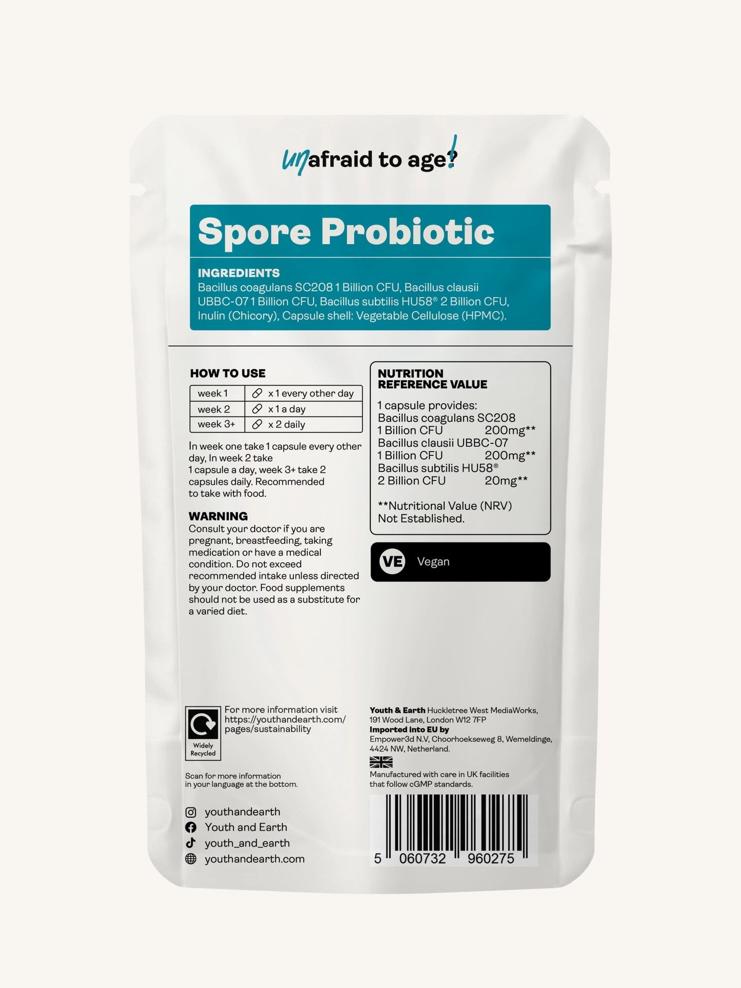 Probiótico Spore (Bacillus Subtilis HU58®, Coagulans SC208 y Clausii UBBC - 07) 4000 millones de UFC - 60 cápsulas - Tienda Youth & Earth