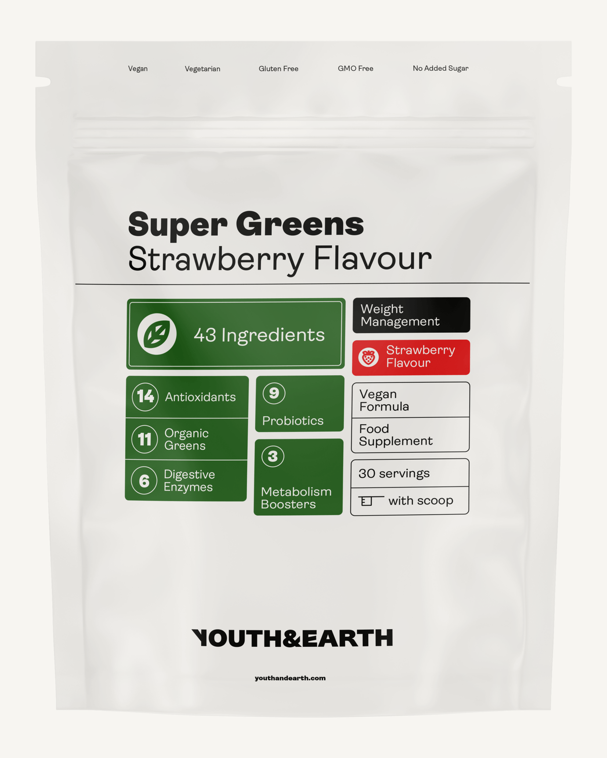 Super Greens Weight Management Formula Strawberry Flavour 267g x 30 servings - Youth &amp; Earth EU Store