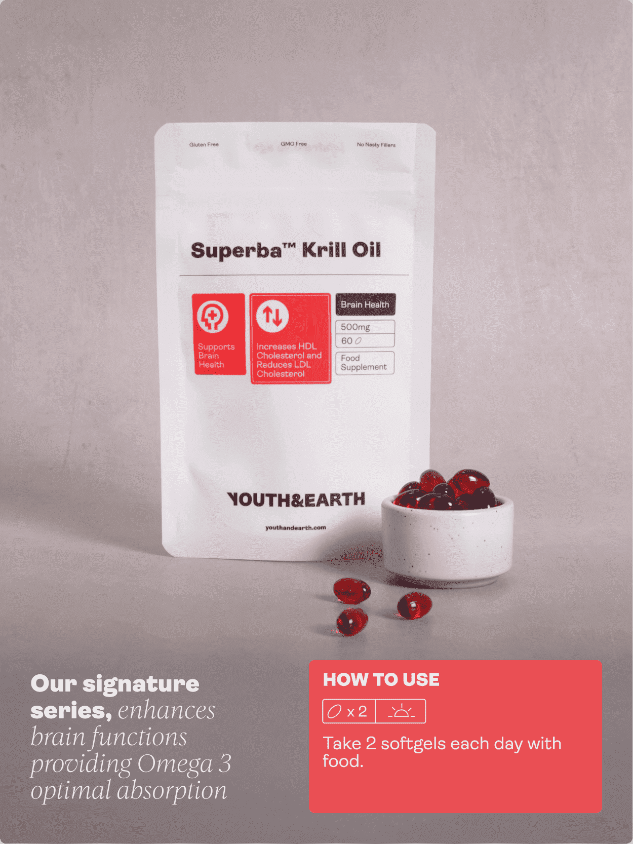 Óleo de krill Superba ™ - 500mg, 60 cápsulas moles - Loja Youth & Earth da UE