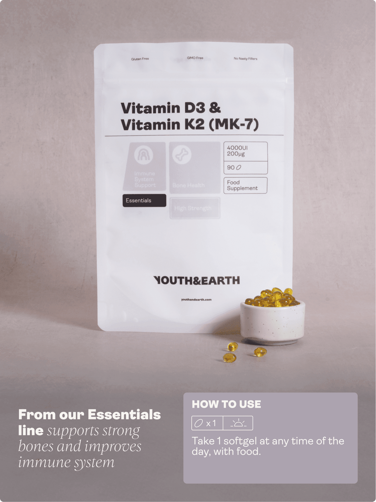 Vitamin D3 4000UI + K2 200mcg x 90 Softgels (3 months supply) - Youth &amp; Earth EU Store