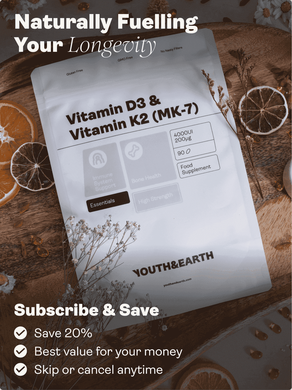 Vitamin D3 4000UI + K2 200mcg x 90 Softgels (3 months supply) - Youth &amp; Earth EU Store