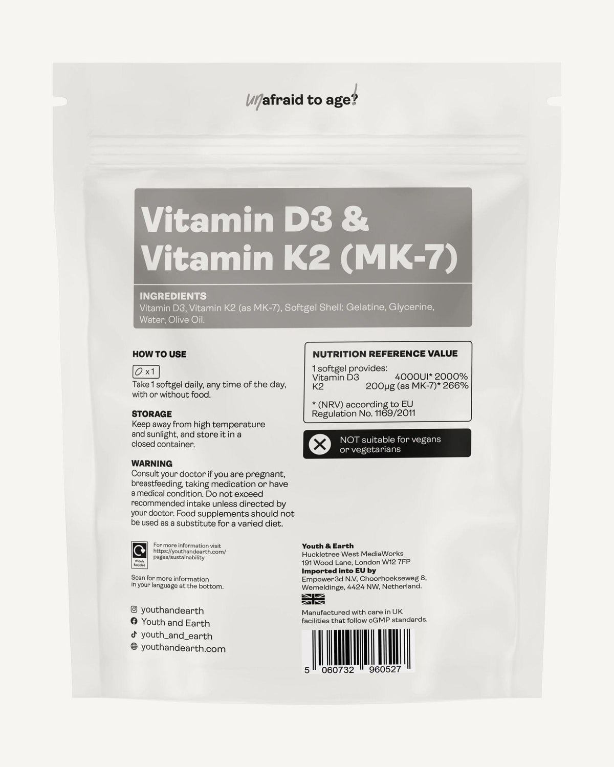 Vitamin D3 4000UI + K2 200mcg x 90 Softgels (3 months supply) - Youth &amp; Earth EU Store