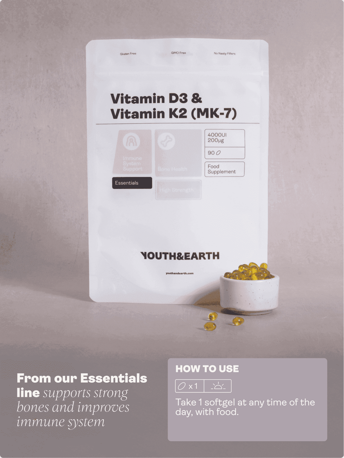 Vitamin D3 4000UI + K2 200mcg x 90 Softgels (3 months supply) Youth &amp; Earth EU Store 