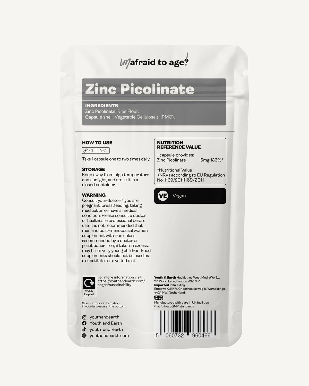 Zinc Picolinate 15mg x 60 Capsules - Youth &amp; Earth EU Store