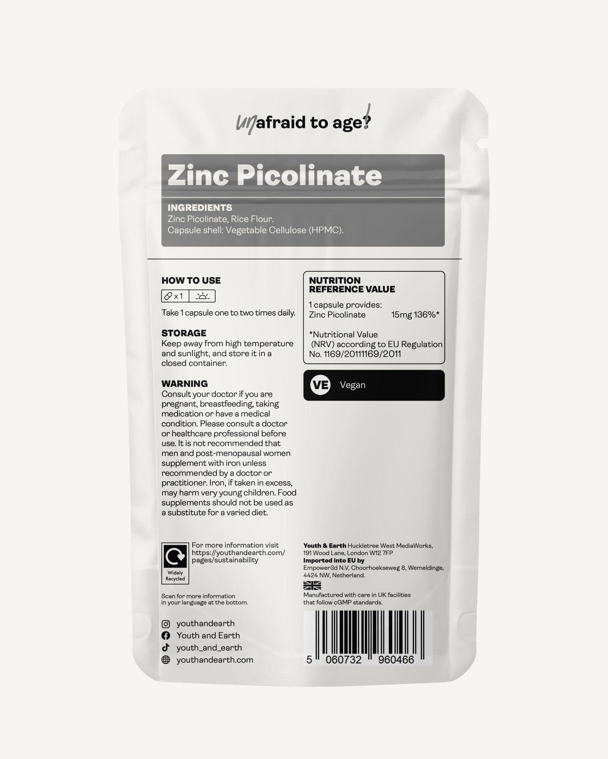 Zinc Picolinate 15mg x 60 Capsules Youth &amp; Earth EU Store 