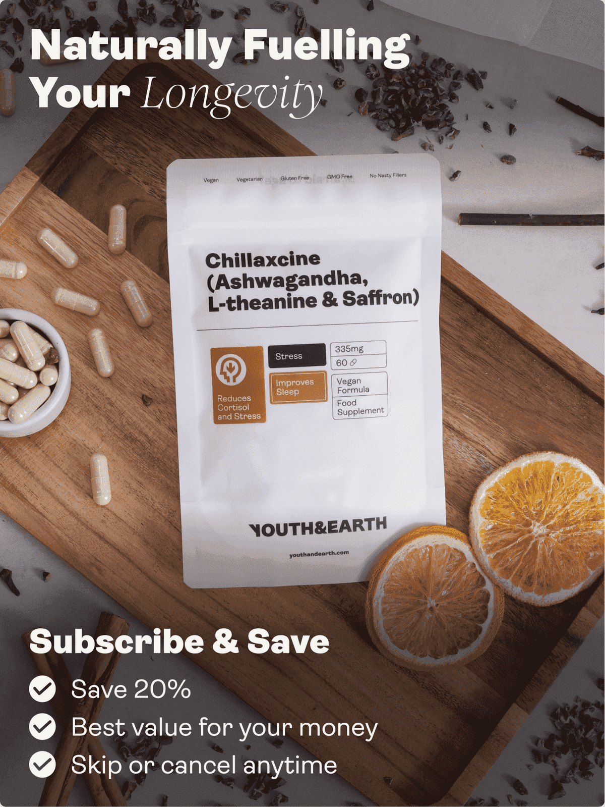 CHILLAXCINE (Ashwagandha, L-theanin a šafrán) 335mg, 60 kapslí - Youth & Earth EU Store