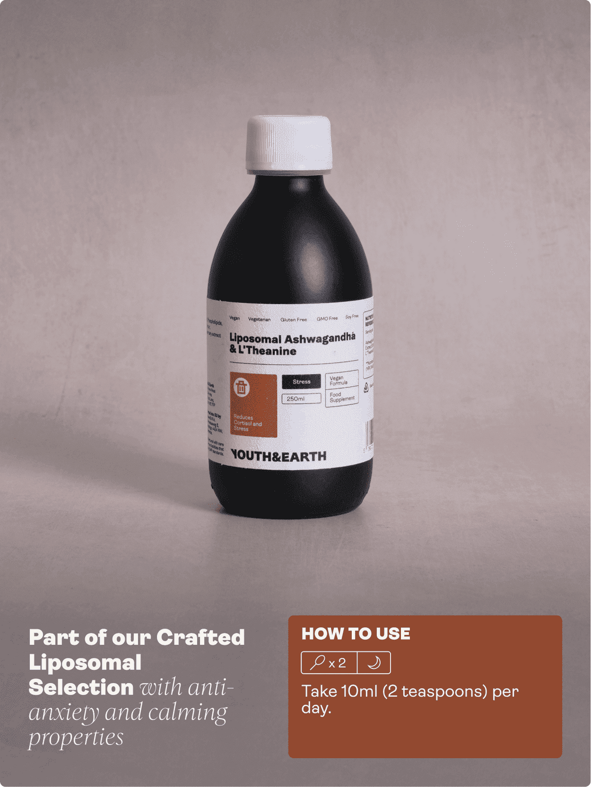 Liposomální Ashwagandha 200 mg a L'Theanin 200 mg - příchuť kávy a vanilky, 250 ml - Youth & Earth EU Store