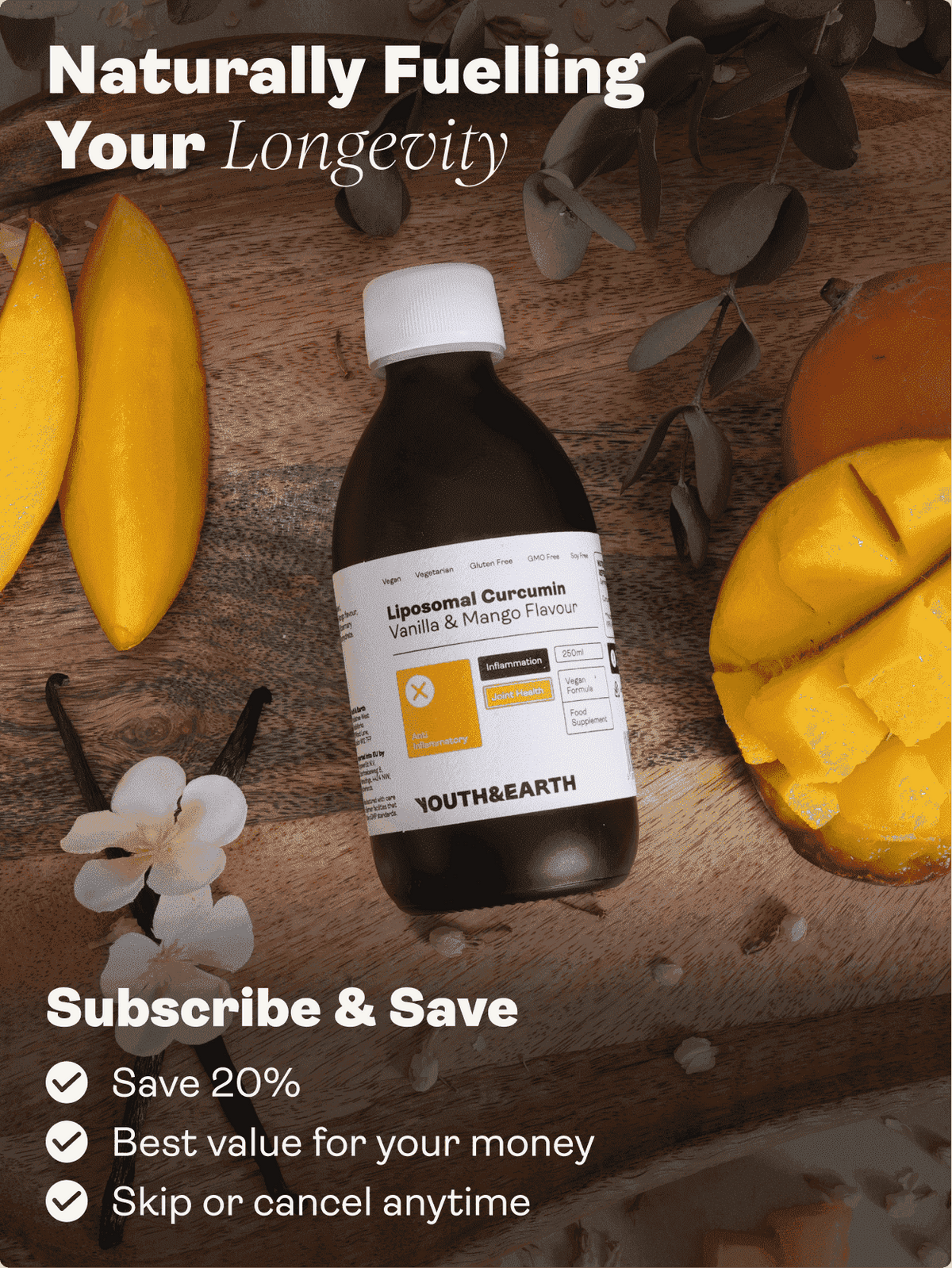 Liposomální kurkumin 200 mg - příchuť vanilka a mango, 250 ml - Youth & Earth EU Store