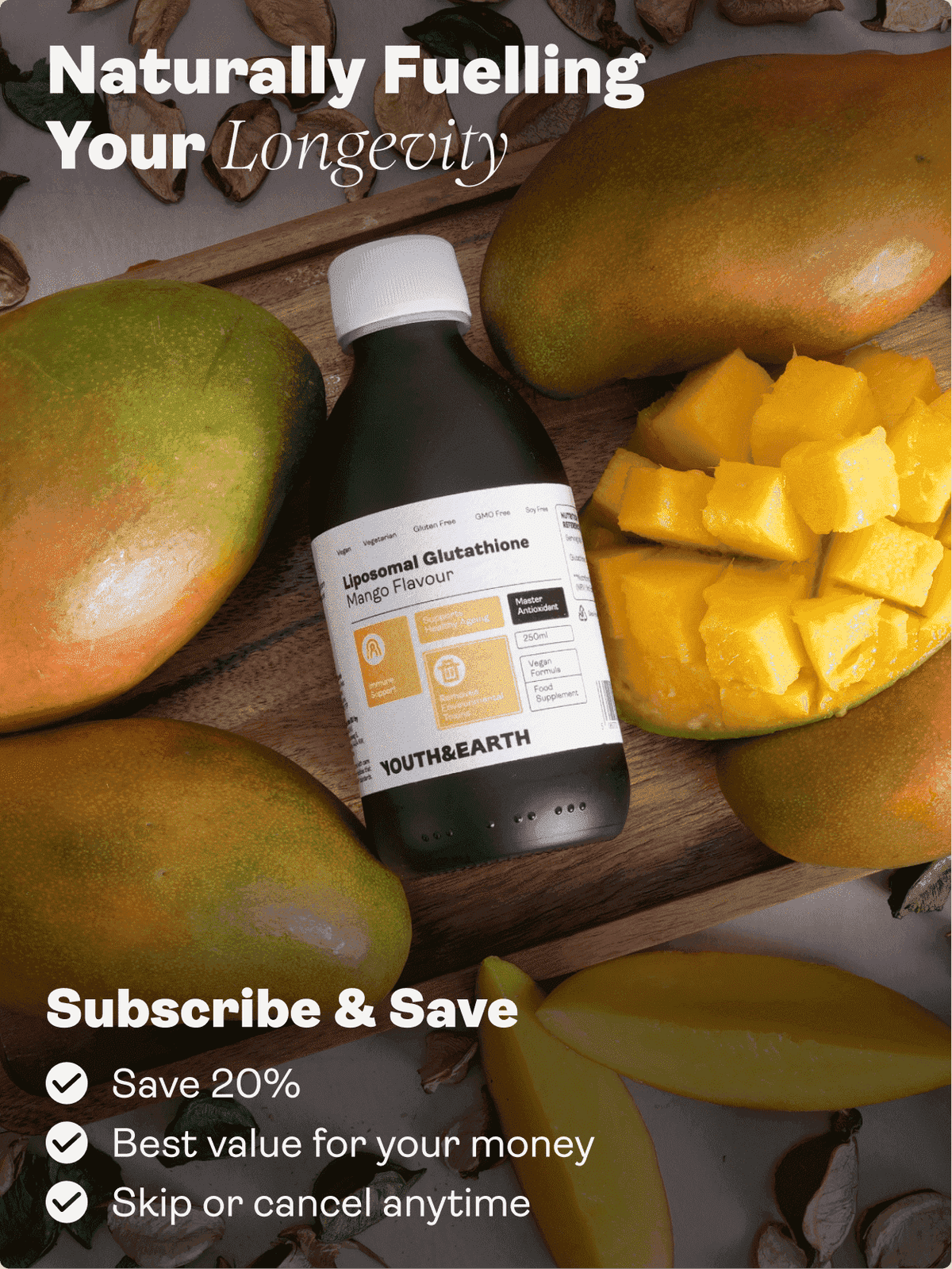 Liposomální glutathion 400 mg - příchuť mango, 250 ml - Youth & Earth EU Store