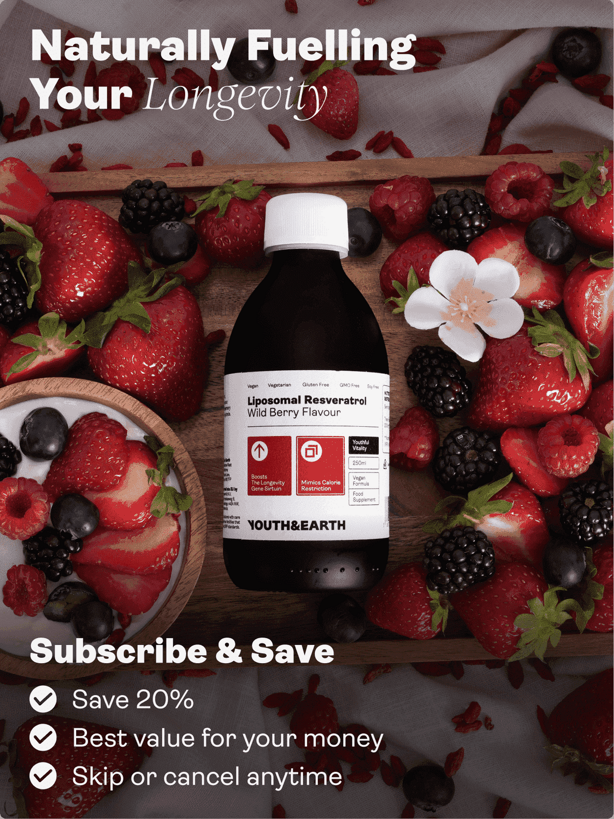 Liposomální resveratrol 200 mg (příchuť lesních plodů, 250 ml) - Youth & Earth EU Store