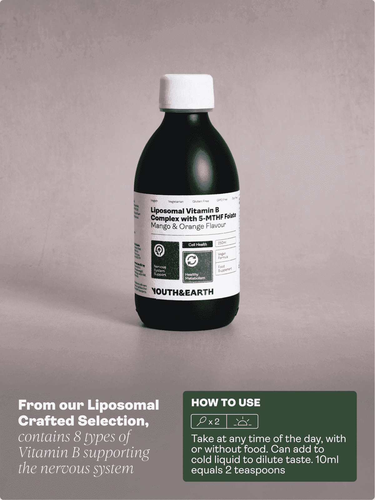 Liposomální vitamin B komplex s 5-MTHF folátem (příchuť mango a pomeranč, 250 ml) - Youth & Earth EU Store