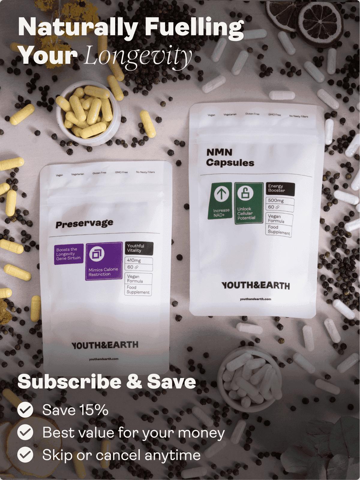 Balíček na podporu dlouhověkosti (NMN & Preservage / NMN & Liposomal Resveratrol) - Youth & Earth EU Store