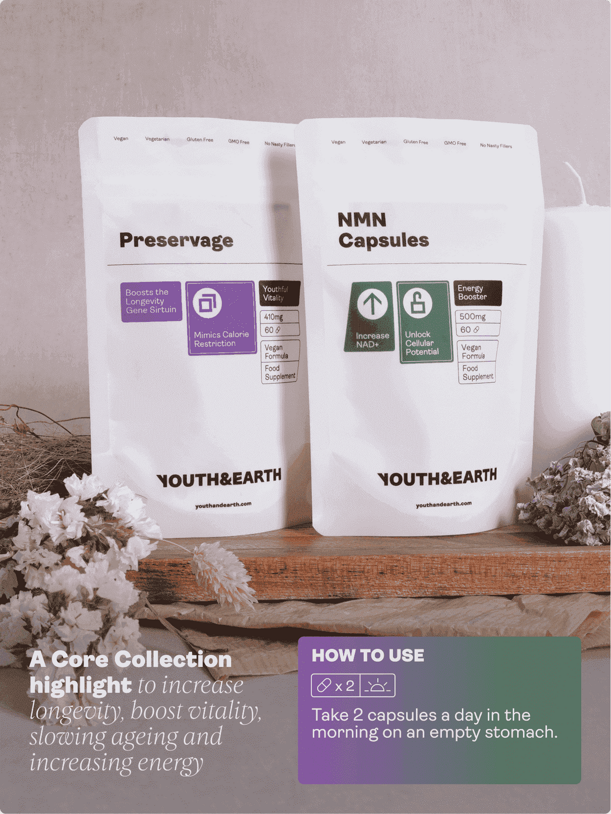 Balíček na podporu dlouhověkosti (NMN & Preservage / NMN & Liposomal Resveratrol) - Youth & Earth EU Store