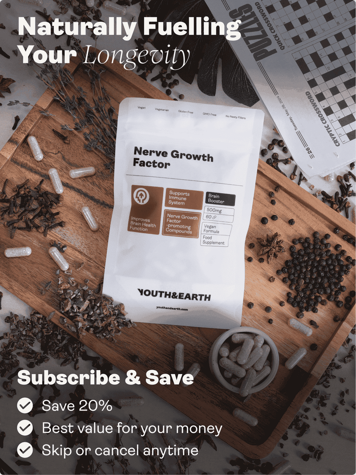 Nervový růstový faktor (plnospektrální houba lví hříva, rodiola, ženšen, bioperin) - 500 mg, 60 kapslí - Youth & Earth EU Store