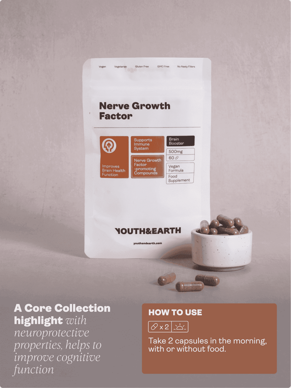 Nervový růstový faktor (plnospektrální houba lví hříva, rodiola, ženšen, bioperin) - 500 mg, 60 kapslí - Youth & Earth EU Store