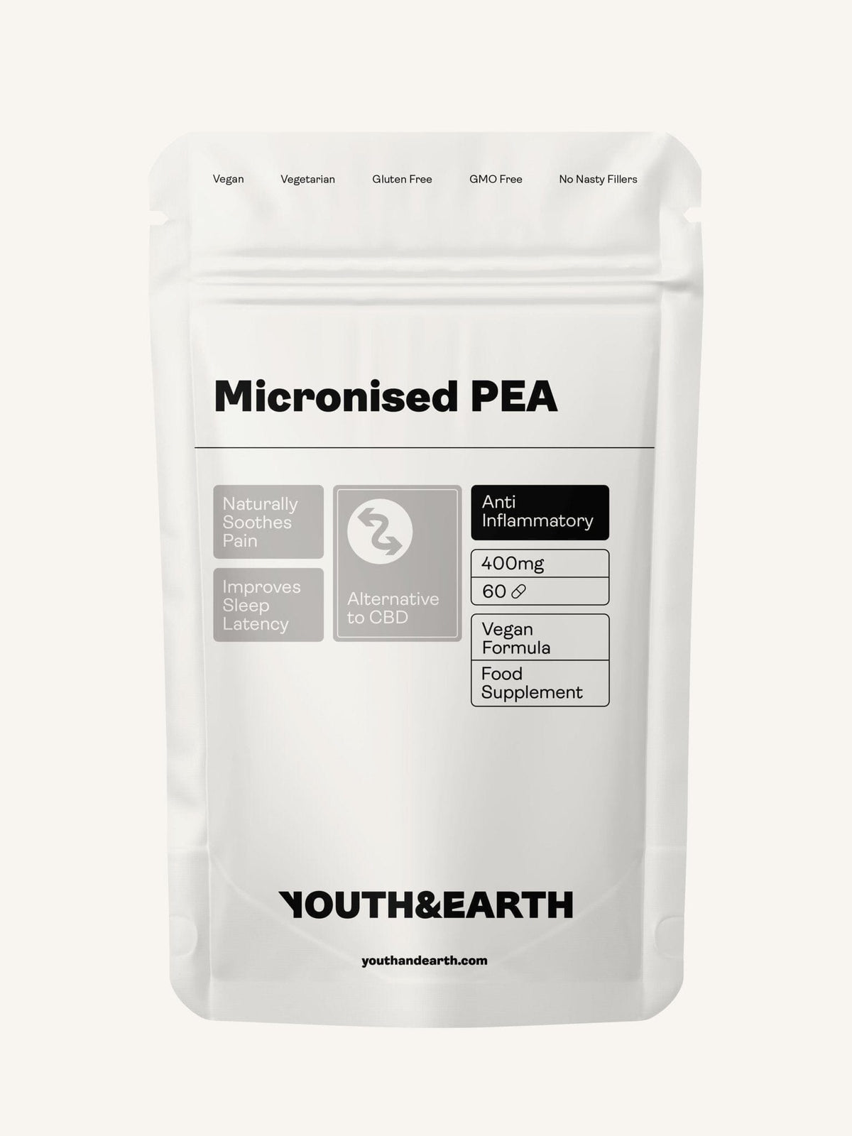 PEA (Palmitoylethanolamide) Micronised - 400mg, 60 kapslí - Youth & Earth EU Store