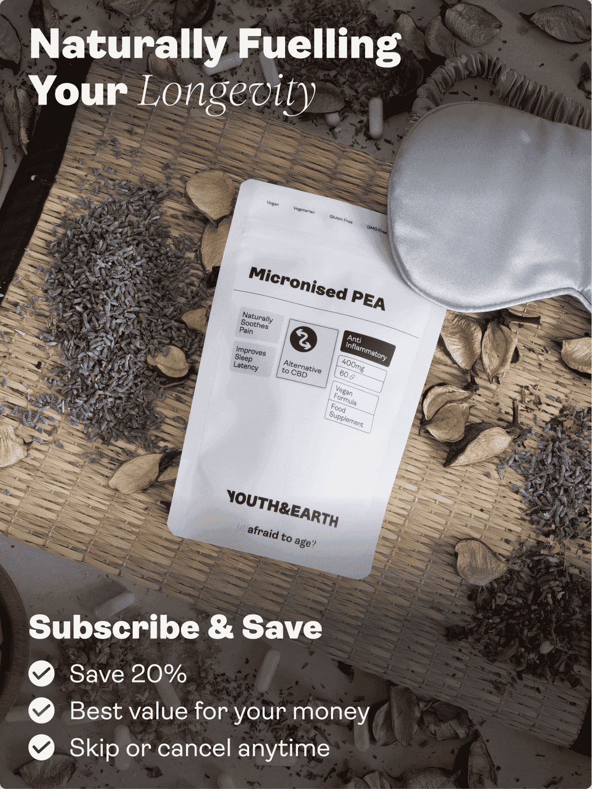 PEA (Palmitoylethanolamide) Micronised - 400mg, 60 kapslí - Youth & Earth EU Store