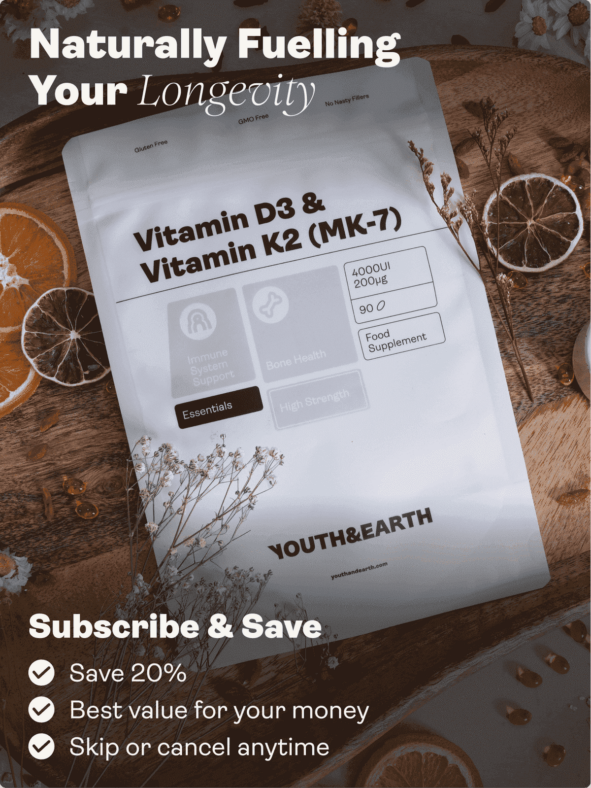 Vitamin D3 4000UI + K2 200mcg - Youth & Earth EU Store