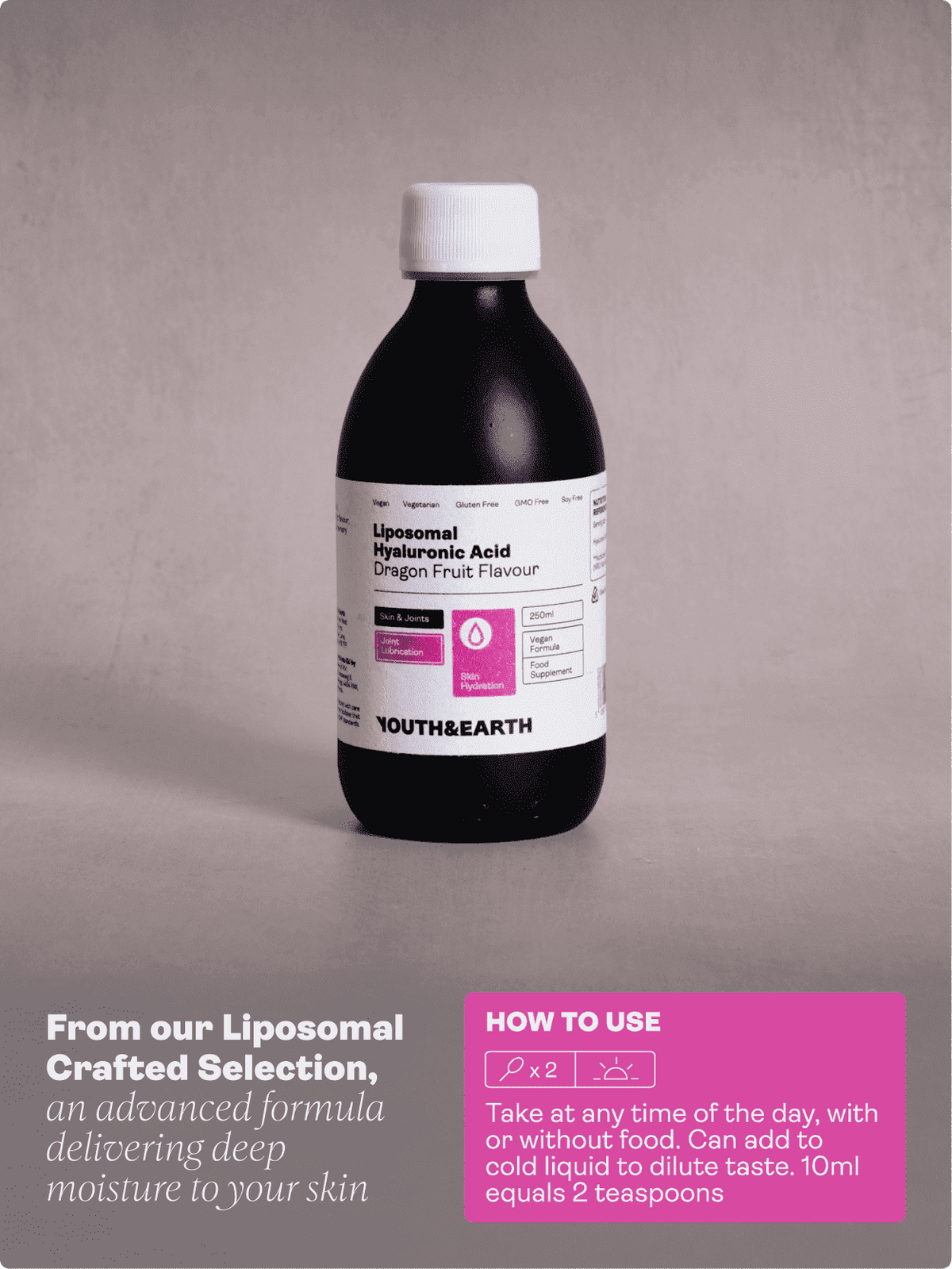 Liposomale Hyaluronsäure 100mg - Drachenfruchtgeschmack, 250ml - Youth & Earth EU Store