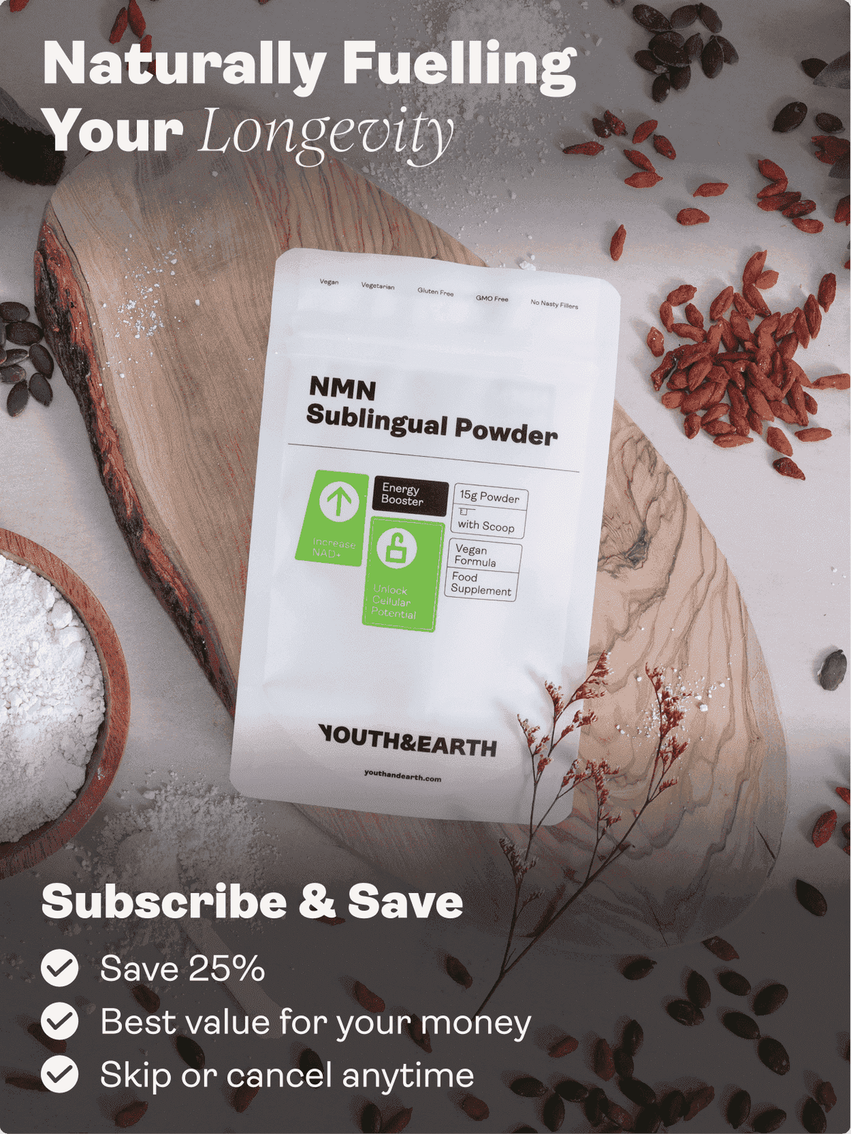 NMN Nicotinamid Mononukleotid Sublinguales Pulver - Youth & Earth EU Store