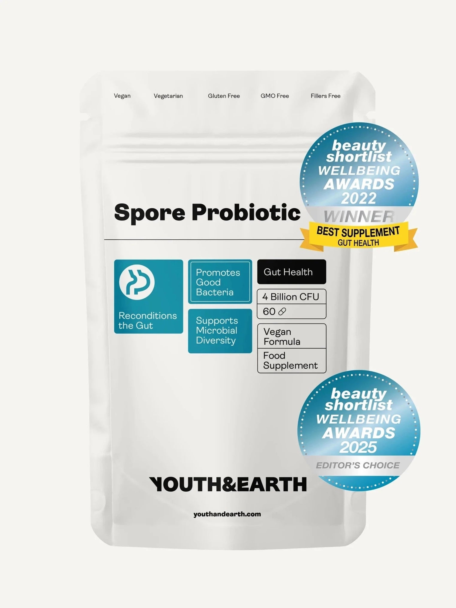 Spore Probiotic (Bacillus Subtilis HU58®, Coagulans SC208 & Clausii SC109) 4 Milliarden KBE - 60 Kapseln - Youth & Earth EU Store