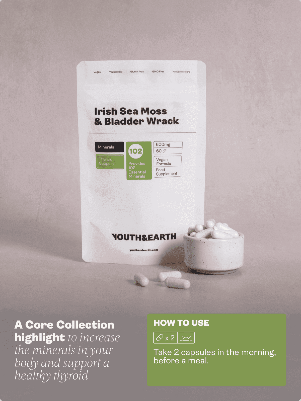 Irish Sea Moss & Bladder Wrack - 600mg, 60 Cápsulas - Youth & Earth EU Store
