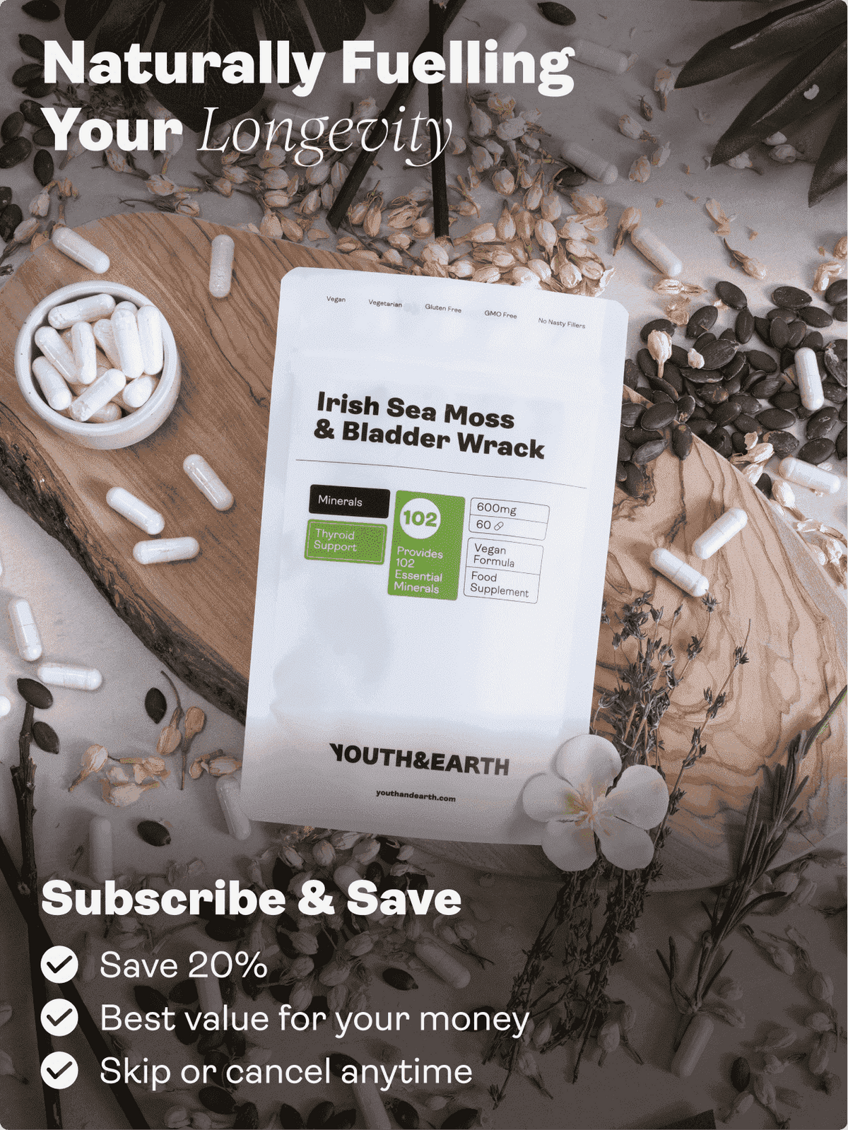 Irish Sea Moss & Bladder Wrack - 600mg, 60 Cápsulas - Youth & Earth EU Store