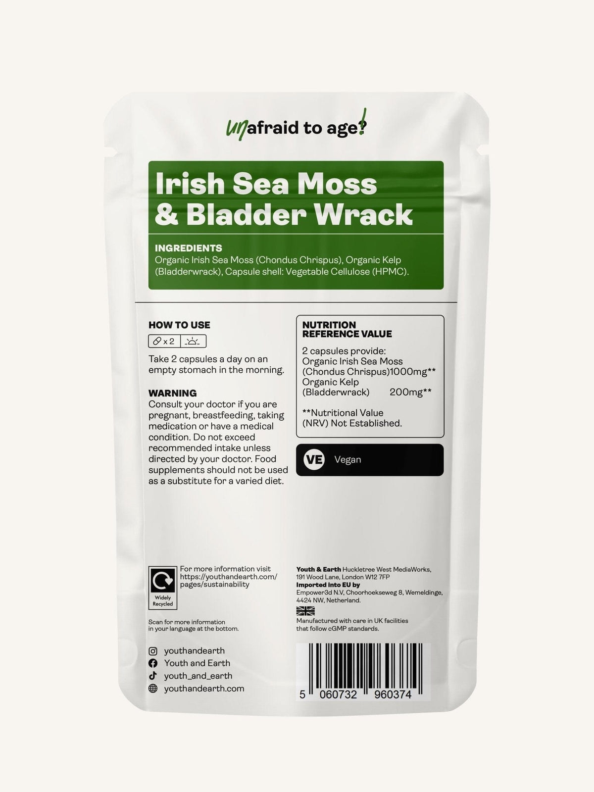 Irish Sea Moss & Bladder Wrack - 600mg, 60 Cápsulas - Youth & Earth EU Store