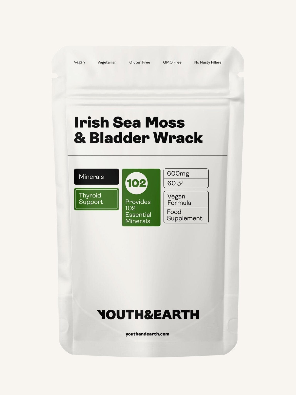 Irish Sea Moss & Bladder Wrack - 600mg, 60 Cápsulas - Youth & Earth EU Store