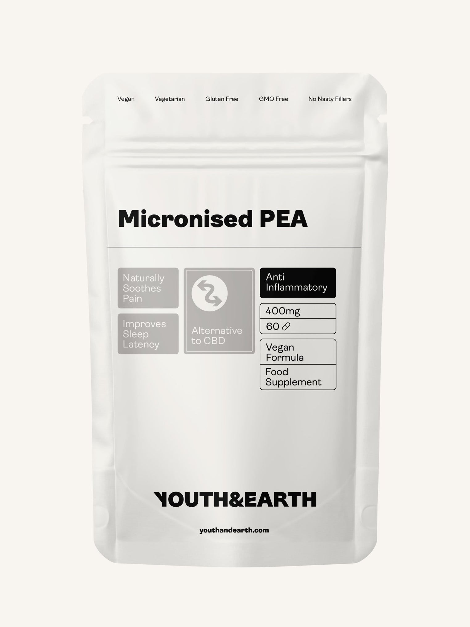 PEA (Palmitoiletanolamida) Micronizada - 400mg, 60 Cápsulas - Youth & Earth EU Store