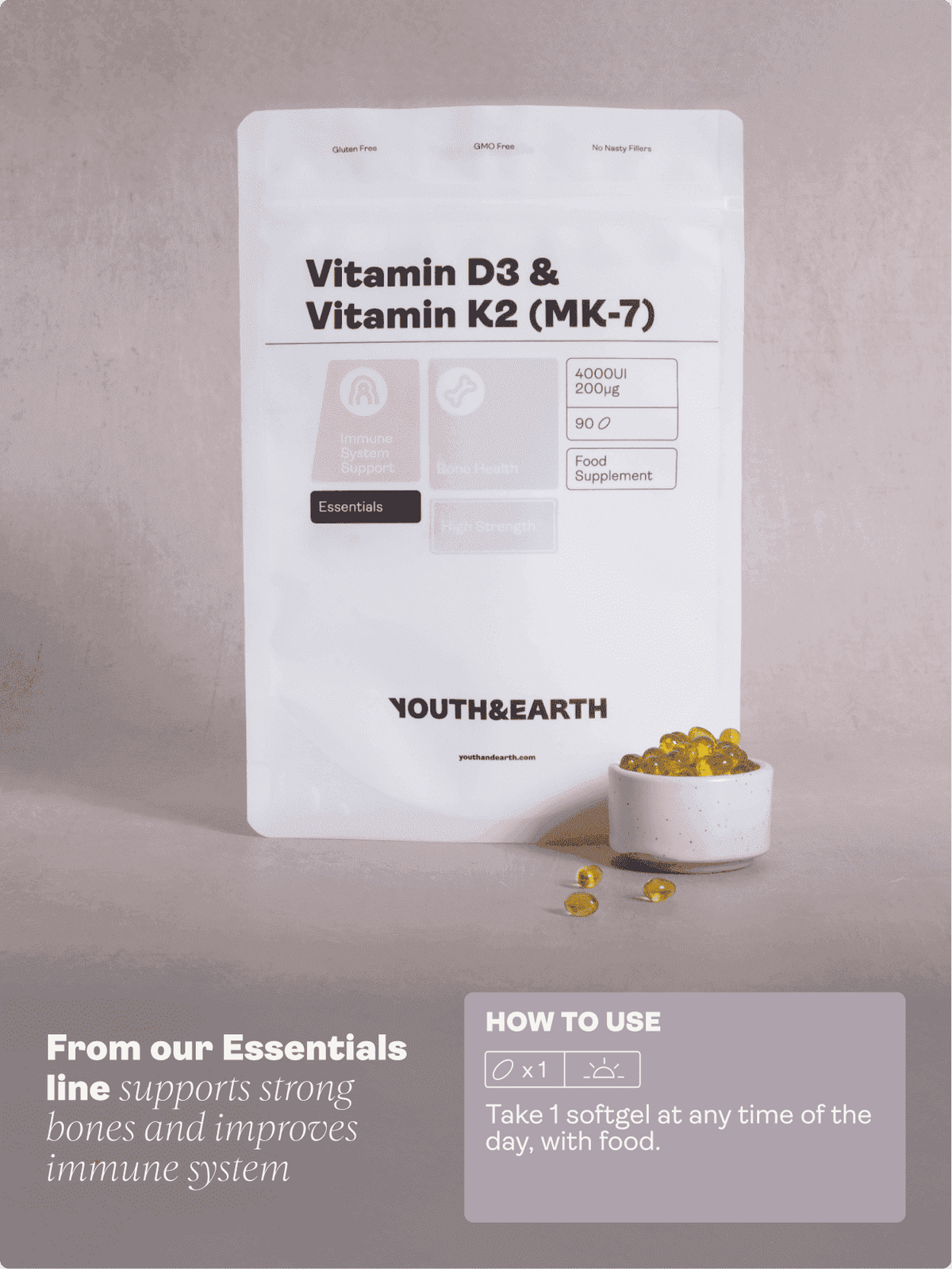 Vitamina D3 4000UI + K2 200mcg - Youth & Earth EU Store