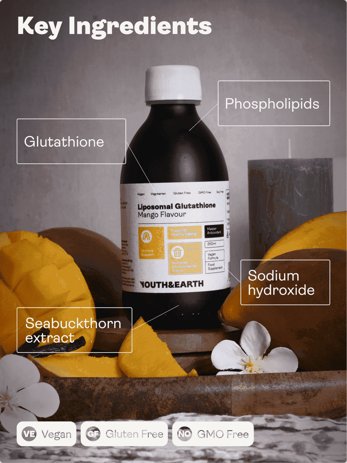 Glutathion liposomal 400mg - Arôme Mangue, 250ml - Youth & Earth EU Store