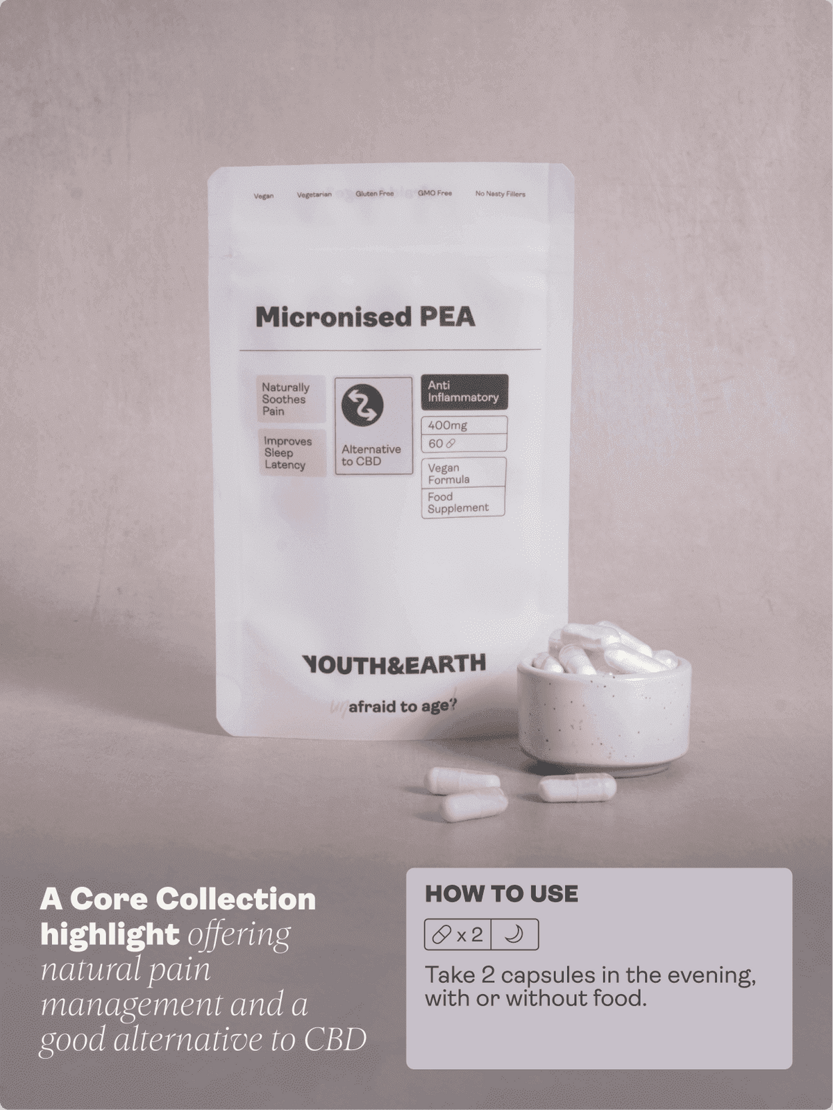 PEA (Palmitoylethanolamide) Micronisé - 400mg, 60 Capsules - Youth & Earth EU Store