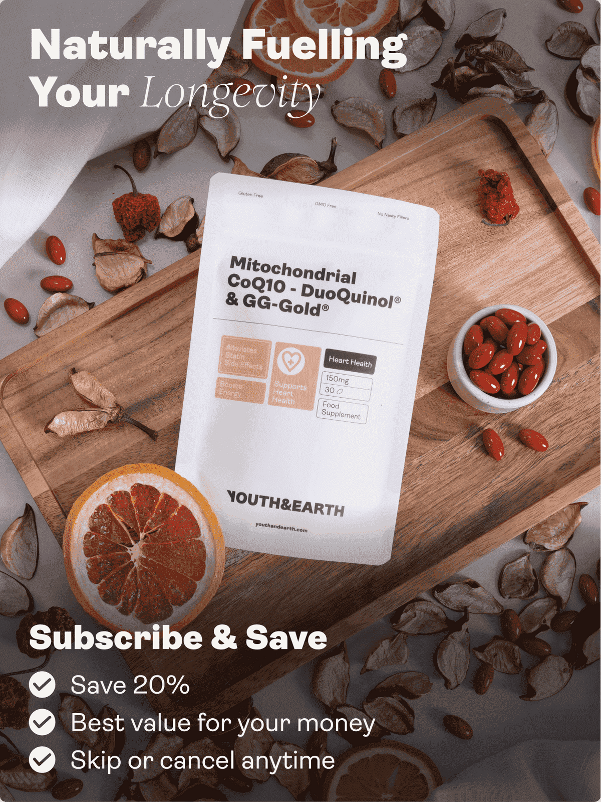 Integratore MITOCHONDRIAL CoQ10 (DuoQuinol® e GG-Gold®) - Gioventù e Terra EU Store