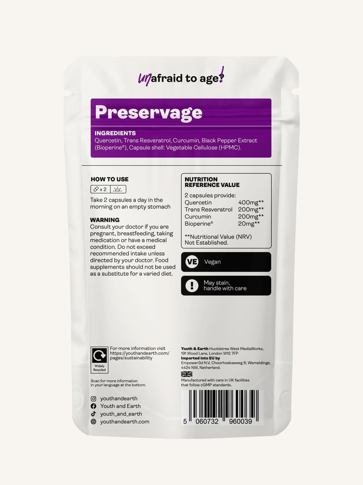 Preservage (Trans-Resveratrolo, Curcumina, Quercetina, BioPerina) - 410mg, 60 Capsule - Gioventù e Terra EU Store