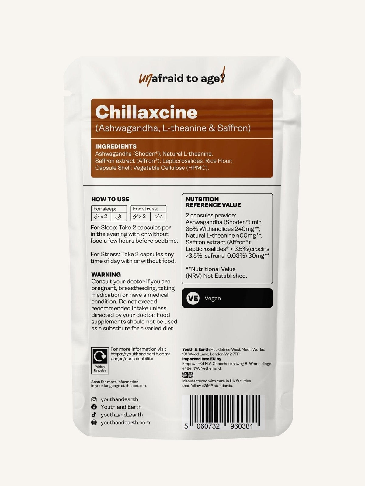 CHILLAXCINE (Ashwagandha, L-teanina e Açafrão) 335mg, 60 Cápsulas - Youth & Earth EU Store