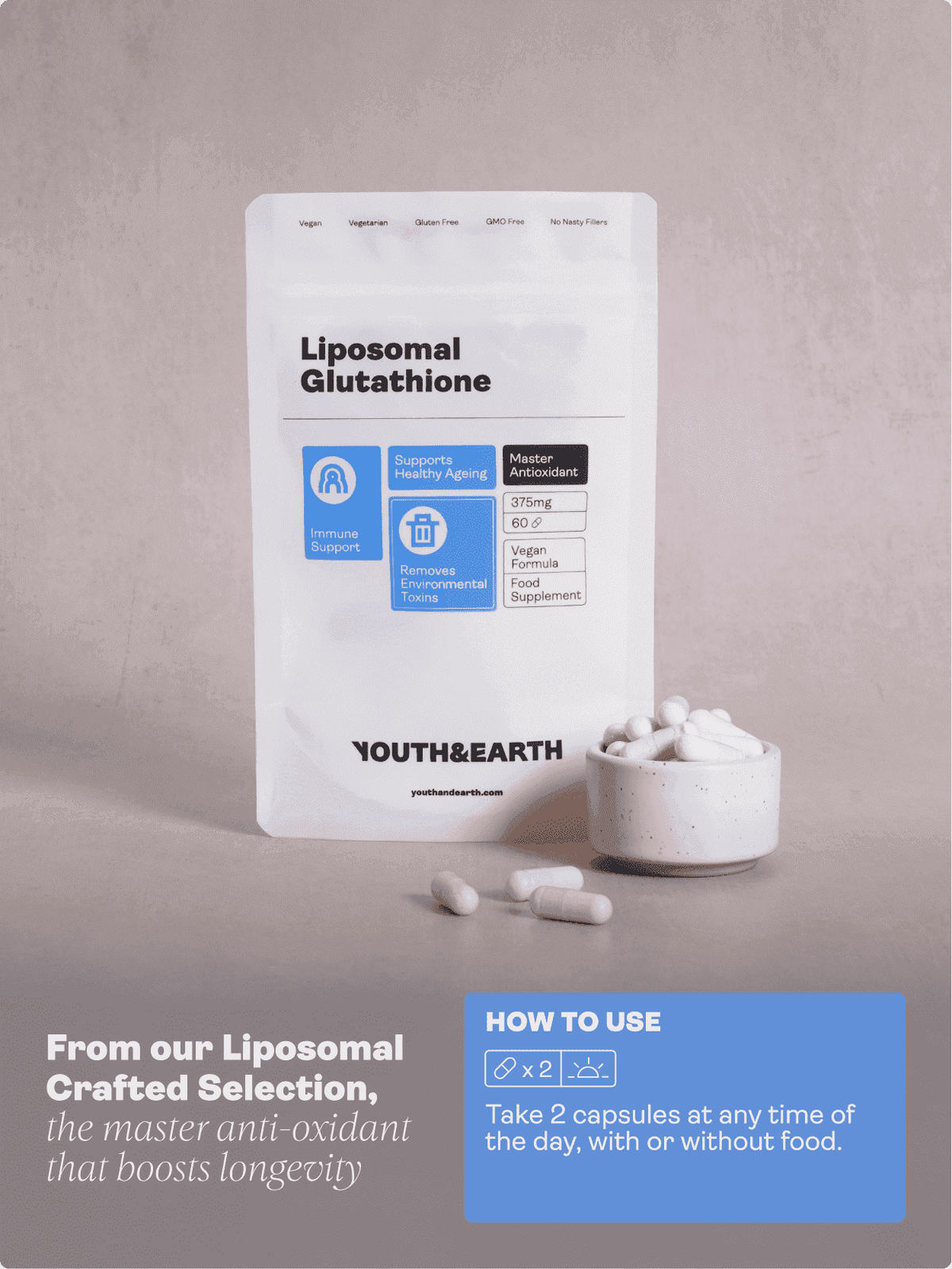Glutatião Lipossómico - 375mg, 60 Cápsulas - Youth & Earth EU Store