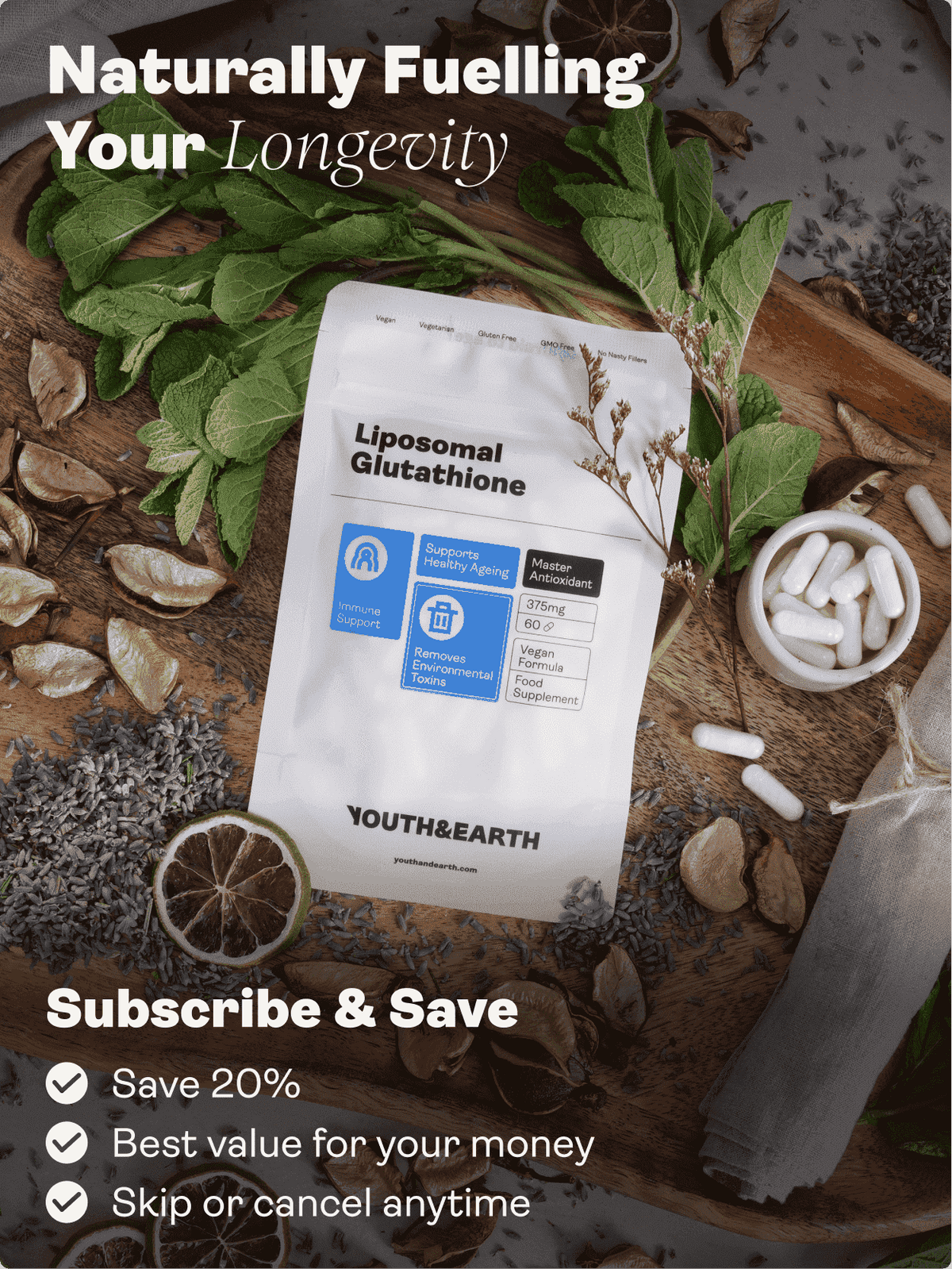Glutatião Lipossómico - 375mg, 60 Cápsulas - Youth & Earth EU Store