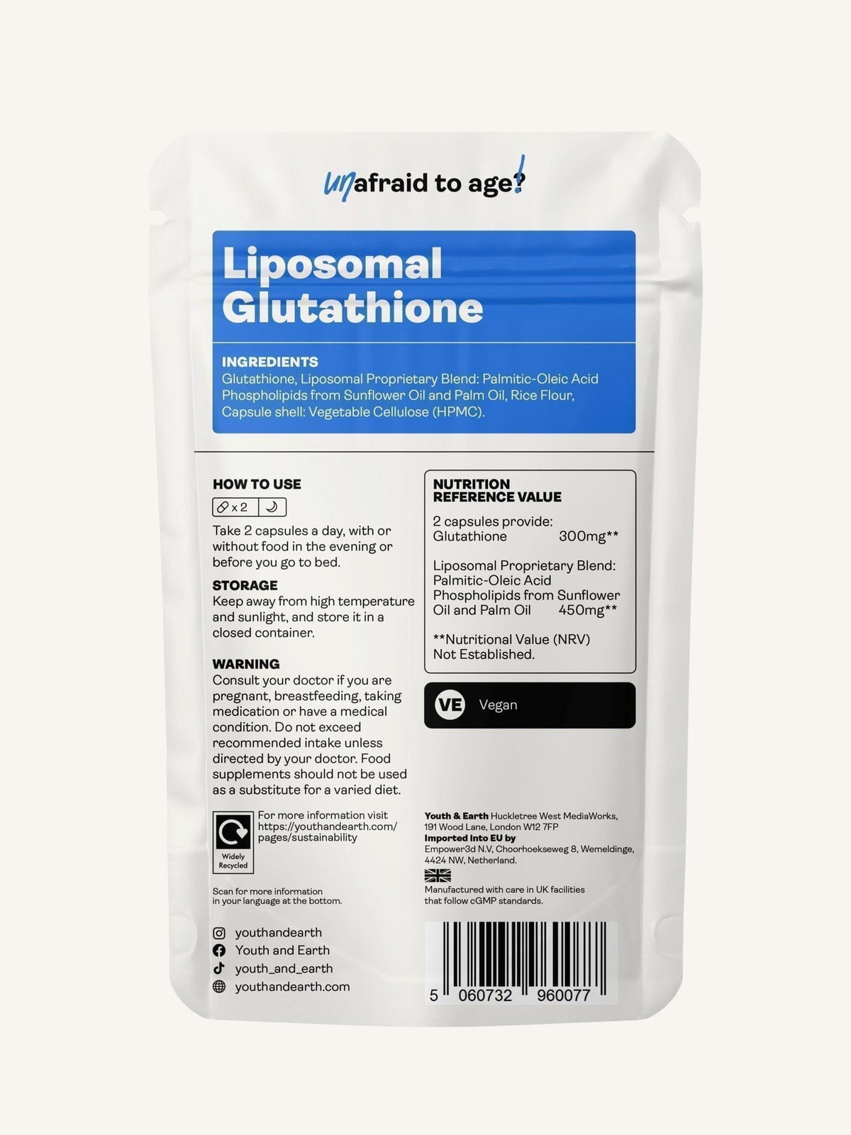 Glutatião Lipossómico - 375mg, 60 Cápsulas - Youth & Earth EU Store