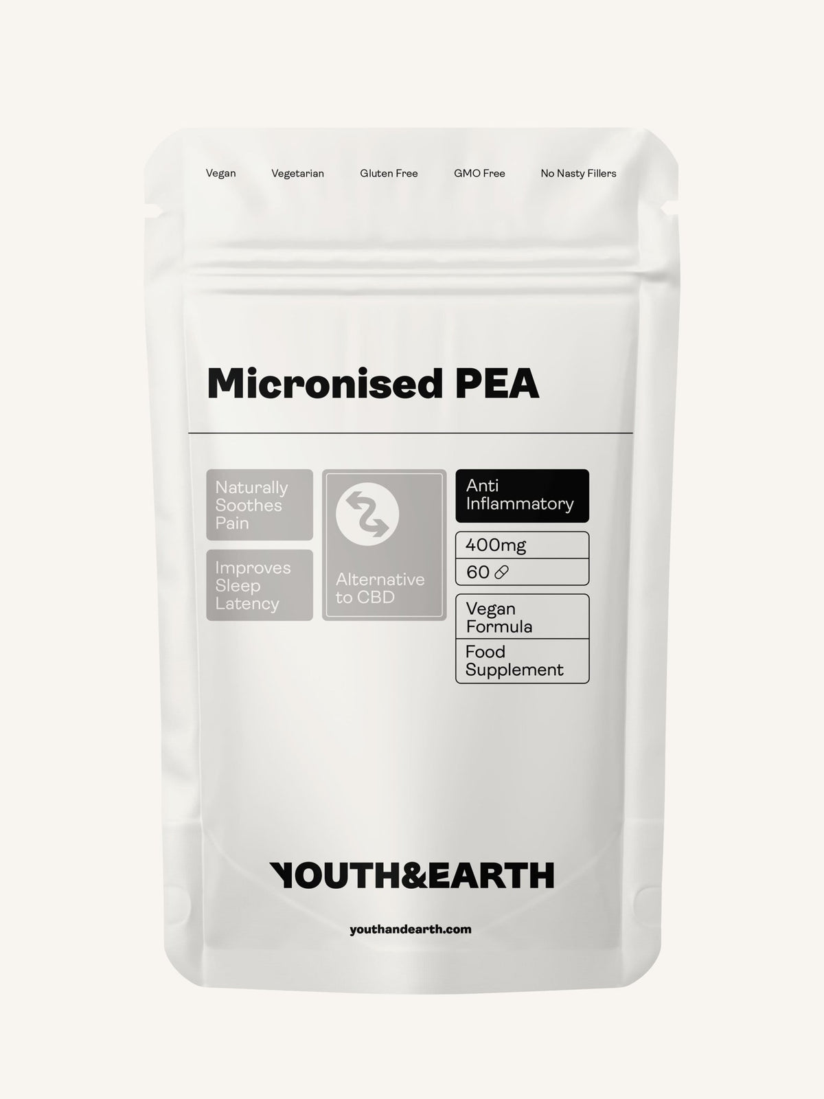 PEA (Palmitoiletanolamida) Micronizada - 400mg, 60 Cápsulas - Youth & Earth EU Store