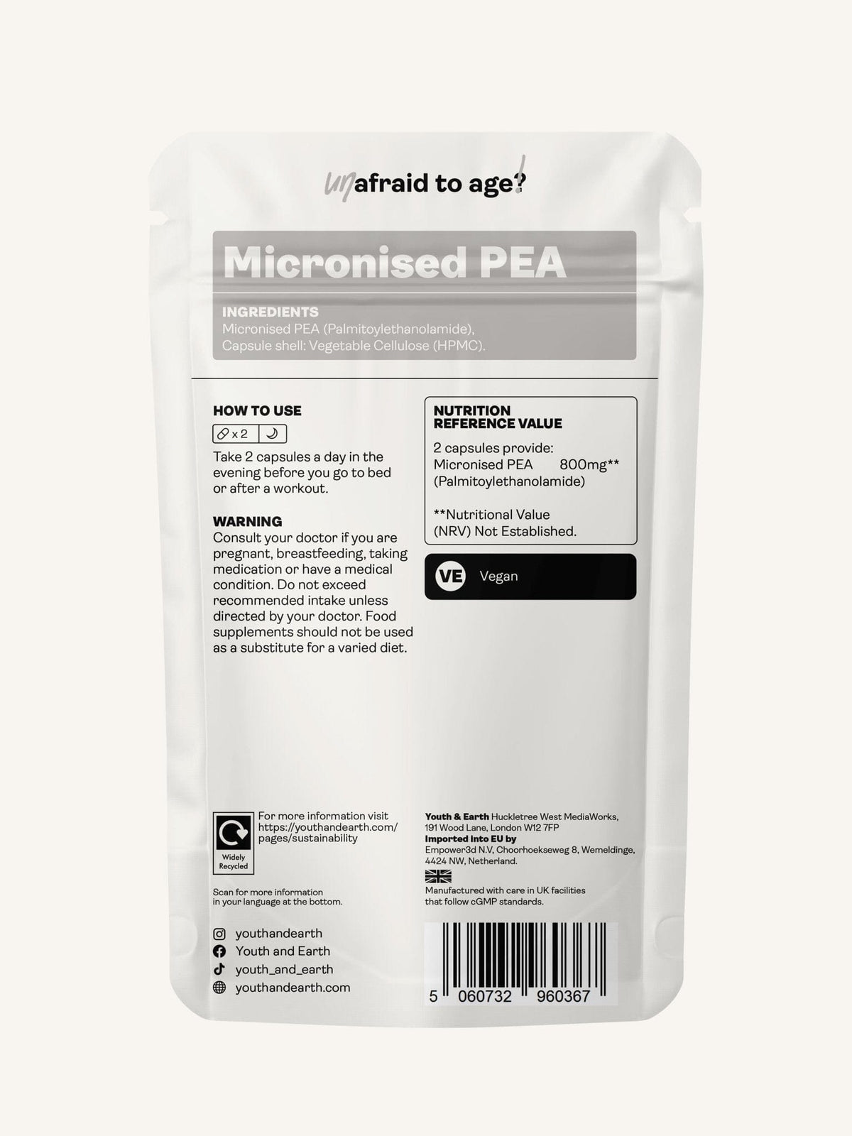 PEA (Palmitoiletanolamida) Micronizada - 400mg, 60 Cápsulas - Youth & Earth EU Store
