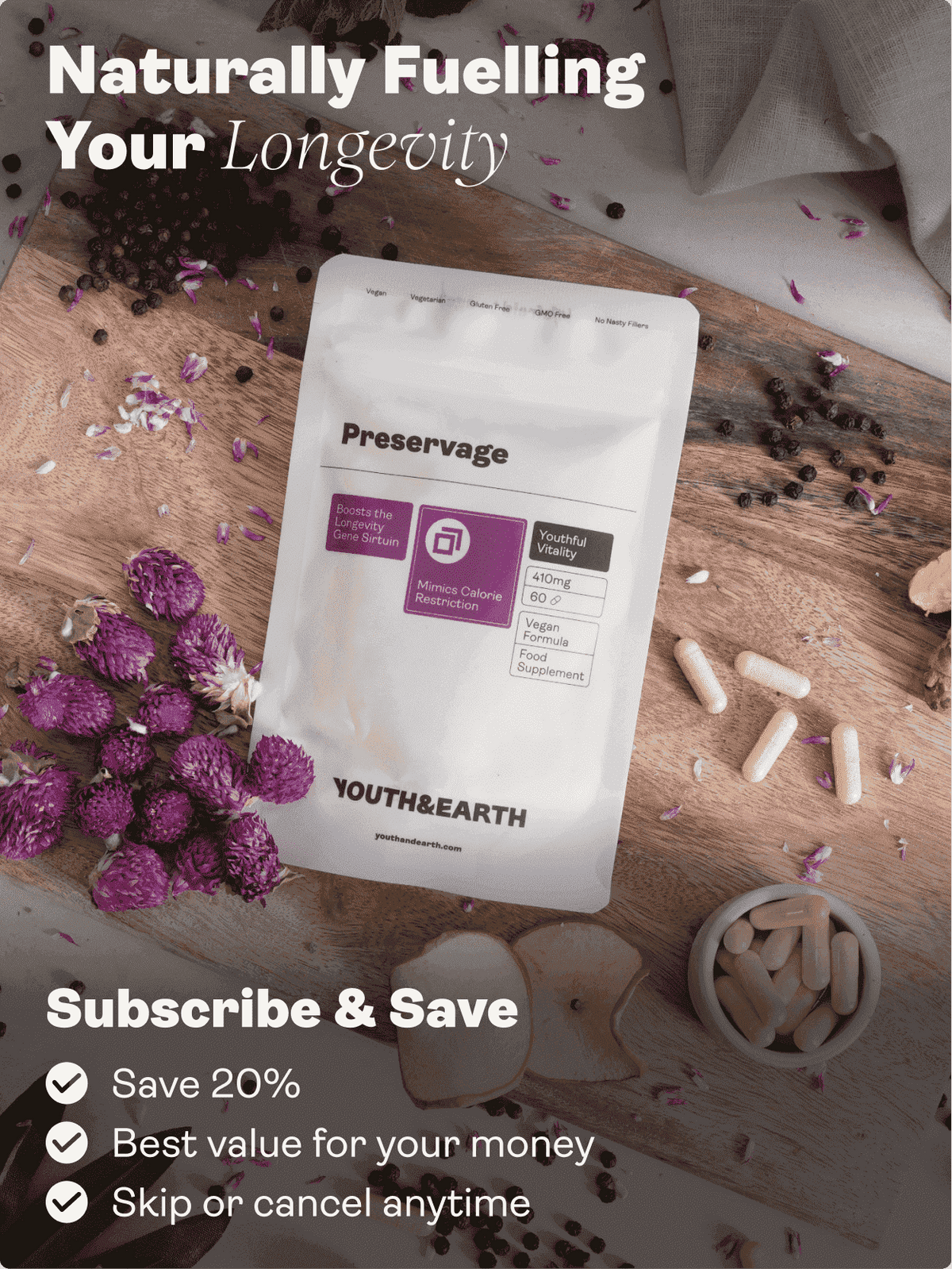 Preservage (Trans-Resveratrol, Curcumina, Quercetina, BioPerina) - 410mg, 60 Cápsulas - Youth & Earth EU Store